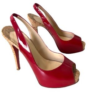 Christian Louboubin red patent leather and cork